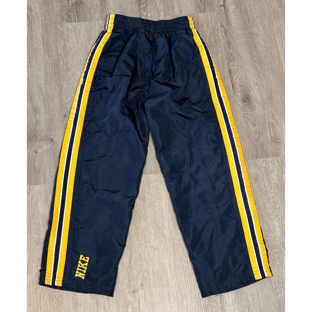 Vintage Nike‎ Kids 7 Navy Blue Yellow Stripe Mesh Lined Windbreaker Track Pants